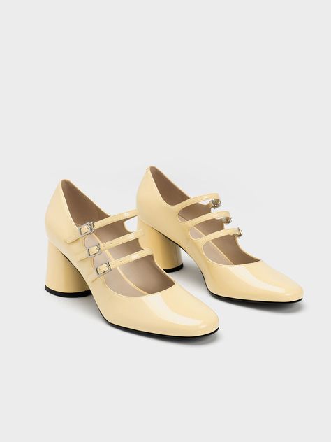 Yellow Buckled Cylindrical Heel Mary Janes - CHARLES & KEITH International Charles And Keith Shoes, Mary Jane Outfit, Mary Janes Outfit, Pastel Shoes, Charles Keith, Patent Shoes, Faux Leather Heels, Cute Heels, Mary Jane Pumps