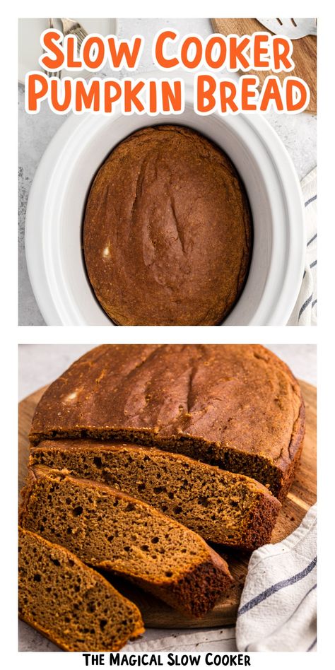 Delicious spice cake mix, pumpkin puree, and warm spices combine for the easiest and best pumpkin bread recipe. Take the guesswork out of making homemade pumpkin bread and get ready to serve up a tasty dessert everyone is sure to love. - The Magical Slow Cooker Slow Cooker Pumpkin Recipes, Crockpot Pumpkin Dessert, Spice Cake Mix Recipes, Crockpot Bread, Cake Mix Pumpkin, Homemade Pumpkin Bread, Crockpot Pumpkin, Slow Cooker Cake, Best Pumpkin Bread