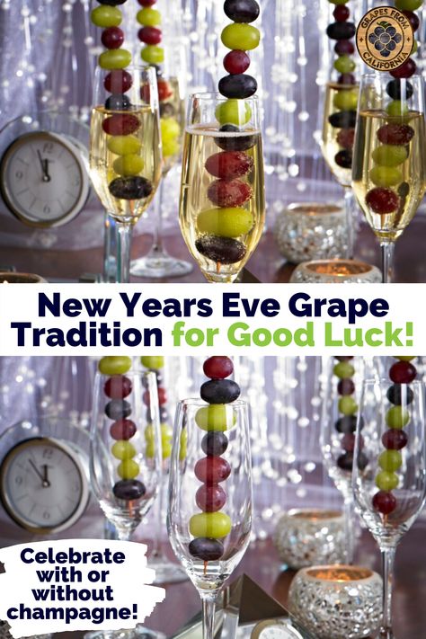 Spanish tradition calls for eating a grape with each bell strike at midnight on New Years Eve for good luck.  Celebrate with grapes from California, with or without champagne, for good luck in the new year!  #NewYearsEvetraditionsgrapes #NewYearstraditionsforgoodluck #NewYearstraditionsgrapes #NewYears #NewYearsEve #NewYearsEvefoods #NewYearstraditions #celebrateNewYears #NewYearsaroundtheworld #goodluckgrapes #traditional #best #traditionalgoodluck #lucky #goodluck #Spanish Grapes On New Years Eve, Grapes For New Years Eve, New Year’s Eve Night In Ideas, What Are You Supposed To Eat On New Years, New Years Grapes Ideas, Grapes New Years Eve, New Years Dinner Ideas Meals Families, New Years Eve Grapes, Nye Grapes