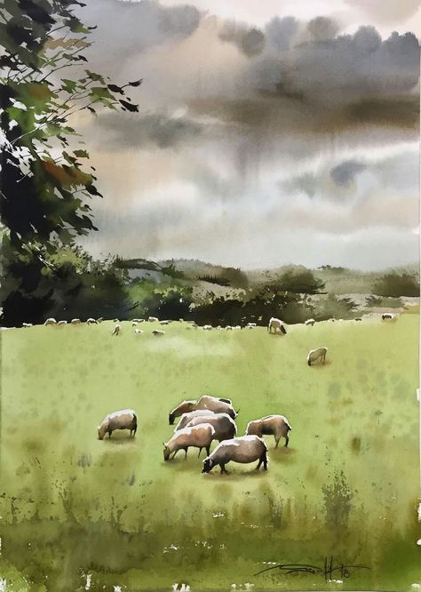 Watercolor Scottish Landscape, Watercolour Farm Landscape, Giant Watercolor Paintings, Scottish Landscape Art, Michael Solovyev Watercolor, Scotland Watercolor Paintings, Watercolor Sheep Paintings, Watercolor Farm Landscape, Farm Watercolor Paintings