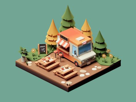 Food Truck by Diego Leal on Dribbble Bus Art, Poly Art, Low Poly Games, Isometric Art, Isometric Design, Low Poly Art, Game Concept Art, Truck Design, Clay Art Projects