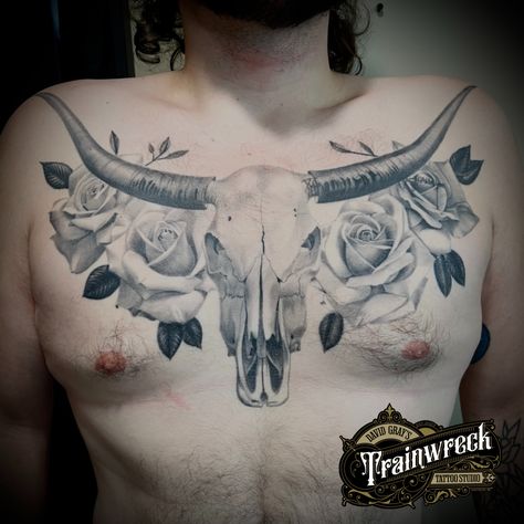 Here is a healed photo of a Longhorn skull with roses chest piece done for our client Jake Art by David Gray #longhorns #LonghornNation #longhorn #longhorntattoo #longhorntattoos #longhorntatts #longhorntatto #longhorntatttoo #longhorntattoosarecool #longhorntattooed #trainwrecktattoostudio #davisonmichigan #lapeermichigan #davidgraytattoos Longhorn Tattoo, David Gray, Longhorn Skull, Train Wreck, Chest Piece, Skulls And Roses, Tattoo Studio, Artist At Work, Tattoos