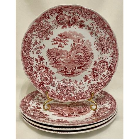 These antique bread plates are in the Trolean pattern by the English ceramic firm W. Ridgeways & Co. The urn and arrow hallmark on the underside of the plates indicate they were made between 1834-54. The plates are decorated in various shades of red and dark pink in the center with females in a landscape with two dear, and with village and mountains in the background. The borders feature sprigs of flowers in full bloom amongst scrolling foliage. All marked on the reverse and with impressed numbe Red China Plates, Red Transferware Christmas, Red Transferware, Transferware Plate, Patterned Plates, Mountain High, White Pottery, China Plates, Beautiful Plates