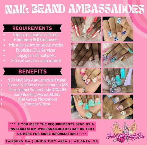 NAIL BRAND AMBASSADOR SEARCH 💕 -Must meet requirements above ⬆️ -ONLY TAKING 4 NAIL GIRLIES 🫶🫵 - I AM A HOMEBASED, SELF TAUGHT NAIL TECH 🫶 TEXT ME NOW FOR MORE INFO ℹ️ Follow @bresnailbeautybar If Viewing 🫵🫶 • • • • • #bresnailbeautybar #blacknailtech #selftaughtnailtech #acrylicnails #atlantageorgia #atlantanailtech #atlantanails #atlnailtechs #atlnails #homebasednailtech #selftaughtnailtech #fultoncountyga #nailtechnearme #brandambassadorsearch #nailgirls #brandambassadorswanted #atlbra... Nail Tech Discount Ideas, Brand Ambassador Requirements, Nail Ambassador Post, Nail Brand Ambassador Wanted Post, Nail Giveaway Post Ideas, Nail Tech Business Plan, Nail Brand Ambassador, Nail Tech Branding, Garage Nail Salon Ideas