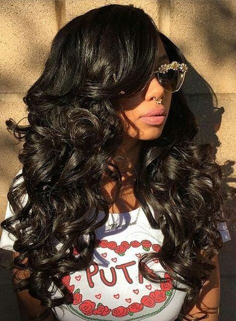 long curly sew-in hairstyle Best Human Hair Wigs, Sew In Hairstyles, African American Wigs, Loose Waves Hair, Sew Ins, Long Hair With Bangs, Sew In, Long Wigs, Black Natural Hairstyles