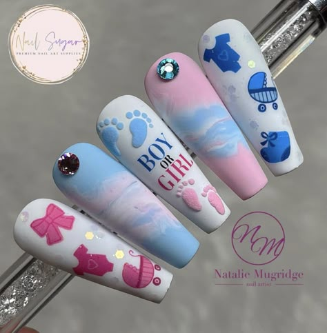 Mom To Be Nails, Nail Art Baby Shower Ideas, Baby Reveal Nails Ideas, Gender Reveal Ideas Nails, Baby Shower Nail Art Designs, Uñas Baby Shower, Pregnancy Nails Designs, Baby Gender Nails, Baby Nails Design