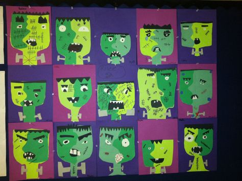 Pablo Picasso is knows as the Father of Cubism. Cubists want to show all sides of an object in the same picture. Our 3rd graders used this technique for Frankenstein's face. Aren't they spooktacular! www.salisburyacademy.org Halloween Easy Drawings, Diy Halloween Activities, Art 2nd Grade, Halloween Art Lessons, Halloween Art Projects, 2nd Grade Art, Fall Art Projects, Halloween Classroom, 4th Grade Art