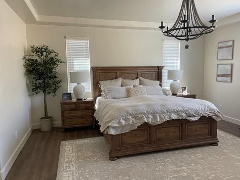 Bedroom Wood Bed Frame, Wood Master Bed, Brown Bedroom Furniture Decor, Brown Wood Floors Bedroom, Dark Wood Bedframes, Dark Wood King Bed, Dark Brown Bedroom Furniture Decor Ideas, Bedroom Inspo Wooden Bed, Master Bedrooms Decor Dark Wood