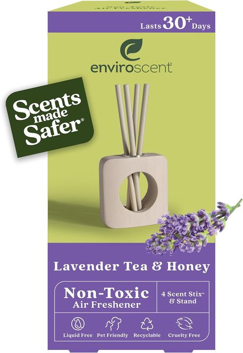 Enviroscent Non-Toxic Air Freshener for Home (Lavender Tea & Honey) Natural Product Details Package Dimensions : 10.87 x 7.99 x 1.97 inches; 5.61 ounces Manufacturer : Enviroscent Scent: Lavender Tea + Honey Color: Natural Brand: Enviroscent Item Form: Scented Sticks Power Source: Passive Diffusion [Elevate Your Senses with Lavender Tea and Honey]: Quiet your mind and soothe your soul. Notes of French lavender and sparkling Bergamot Tea balance while sweet manuka honey calms in this Zen blend. Curate moments of serenity with this non toxic air freshener. [Scents Made Safer for People and Pets]: Our liquid free, non toxic air fresheners adhere to the strictest EPA Safer Choice IFC Standards. They are free from harmful chemicals like toxic air contaminants, reproductive toxins, endocrine dis Non Toxic Air Freshener, Scented Sticks, Bergamot Tea, Scent Sticks, Quiet Your Mind, Lemon Leaf, Thyme Essential Oil, Home Air Fresheners, Natural Air Freshener