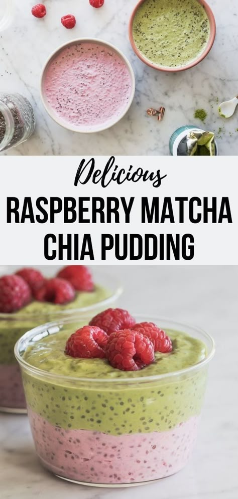 This Raspberry Matcha Chia Pudding is a pretty and nourishing make-ahead breakfast- it also makes a pleasant afternoon snack or healthy dessert! Chia Seed Pudding Raspberry, Vegan Raspberry Chia Pudding, Raspberry Matcha Chia Pudding, Oatmeal Chia Pudding, Strawberry Matcha Chia Pudding, Matcha Chia Pudding Recipes, Matcha Overnight Oats Chia Seeds, High Protein Chia Pudding Recipes, Chia Pudding Matcha