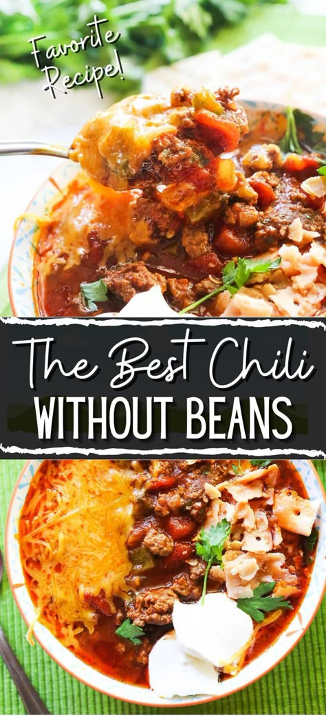 Collage of bowlful of chili without beans at top and bottom. Chili Recipe Beanless, Slow Cooker Chili Without Beans, Chilling Beans Recipe, Bean Less Chili Recipes, No Bean Chilli Recipes, No Bean Chili Recipes Crockpot, Beanless Chilli, Chili Recipe Crockpot No Beans, Chili Without Beans Recipe