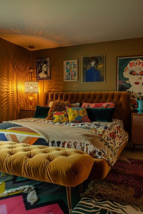 Funky Retro Bedroom, Cozy Mid Century Modern, 70s Bedroom Decor, Retro Bedroom Decor, 70s Bedroom, Retro Bedroom, Retro Bedrooms, Mid Century Modern Bedroom, Inspired Furniture