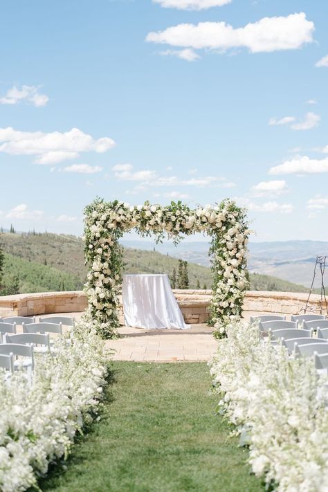 White Chuppah Wedding, Hydrangea Chuppah, White Floral Ceremony, Smilax Greenery, Greenery Ceremony, Delphinium White, White Delphinium, White Larkspur, Summer Terrace