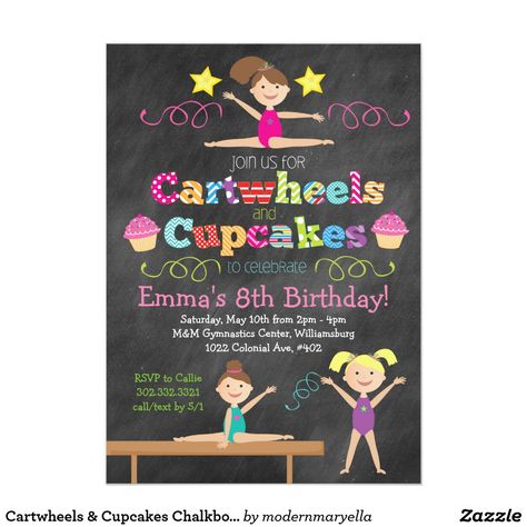 Cartwheels & Cupcakes Chalkboard Gymnastics Party Gymnastics Theme Birthday Party, Gymnastics Theme Birthday, Gymnastics Birthday Party Invitations, Gymnastics Party Invitations, Gymnastics Invitations, Gymnastic Party, Princess Party Games, Gymnastics Birthday Party, Gymnast Birthday Party