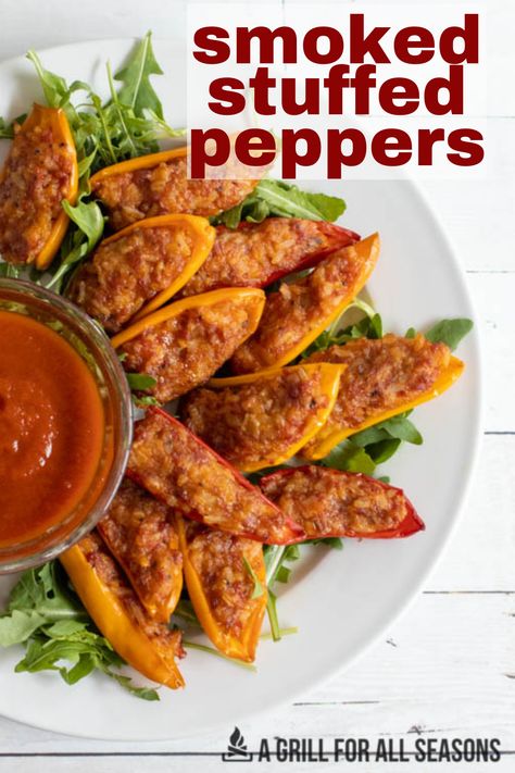 Smoked Banana Peppers, Smoked Stuffed Peppers, Stuffed Peppers With Sausage, Cooking Stuffed Peppers, Easy Stuffed Peppers, Easy App, Mini Sweet Peppers, Grilled Peppers, Traeger Recipes