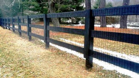 Pasture Fence Ideas Farms, 3 Rail Fence Wood, Split Rail Fence With Wire Mesh, 3 Board Fence With Wire, Black Horse Fence, Rural Fencing Ideas Australia, 3 Rail Fence With Wire, Black Split Rail Fence, Orchard Fencing