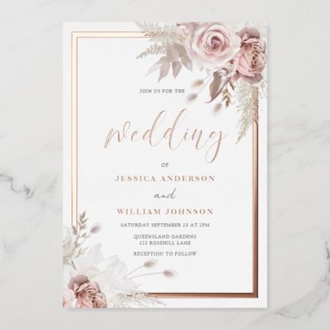 $ 4.2 | Blush & Dusty Rose Floral Wedding Rose Gold Border - rose gold, wedding, blush, floral, spring wedding, rose gold foil, dusty rose, boho, elegant wedding, border Rose Gold Foil Invitations, Wedding Invitations Champagne, Wedding Rose Gold, Blush Floral Wedding, Rose Gold Theme, Rose Gold Wedding Invitations, Rose Gold Invitations, Gold Foil Wedding Invitations, Wedding Rose