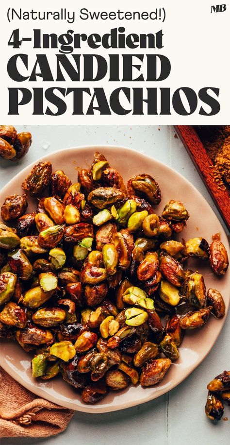 Naturally sweetened candied pistachios in just 20 minutes with 4 ingredients! Oh-so versatile and perfect for topping everything from salads to sorbets. Candied Pistachios, Diy Salad, Raw Pistachios, Pistachio Recipes, Best Keto Bread, Minimalist Baker, Croutons Homemade, Sorbet Recipes, Salad Toppings