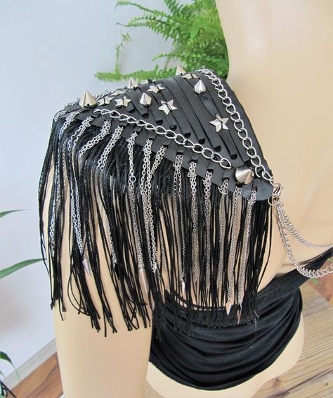 Leather Epaulettes, Shoulder Jewellery, Gothic Costume, Chain Harness, Shoulder Jewelry, Shoulder Necklace, Chain Fringe, Lace Jewelry, Star Chain