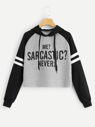 Varsity Striped Raglan Sleeve Raw Cut Hoodie | SHEIN Sarcastic Clothing, Cut Hoodie, Letter Hoodie, Bad Girls Club, Women Sweatshirts, Funny Hoodies, Cropped Hoodie, Graphic Hoodies, Raglan Sleeve