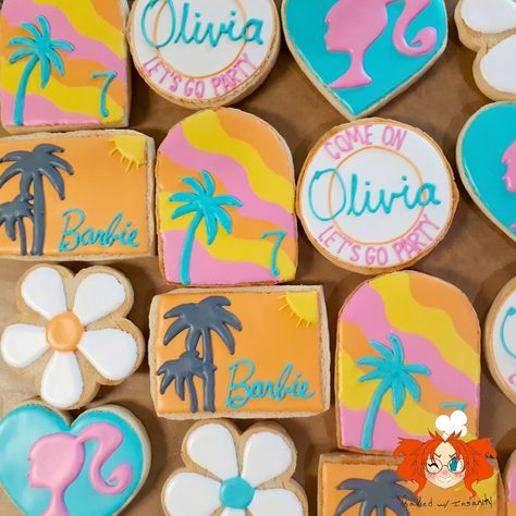 Barbie is all the rage and we love the beach twist on these! www.facebook.com/bakedwithinsanity #thewoodlands #cookies #birthdaycookies #montgomery #bakedwithinsanity #houston #customcookies #magnolia #bakedgoods #baking #cookiesdealer Malibu Barbie Cookies Decorated, Malibu Barbie Cookies, Barbie Cookies, Malibu Party, Barbie Theme Party, Tropical Birthday Party, 13 Birthday, Beach Birthday Party, Tropical Birthday