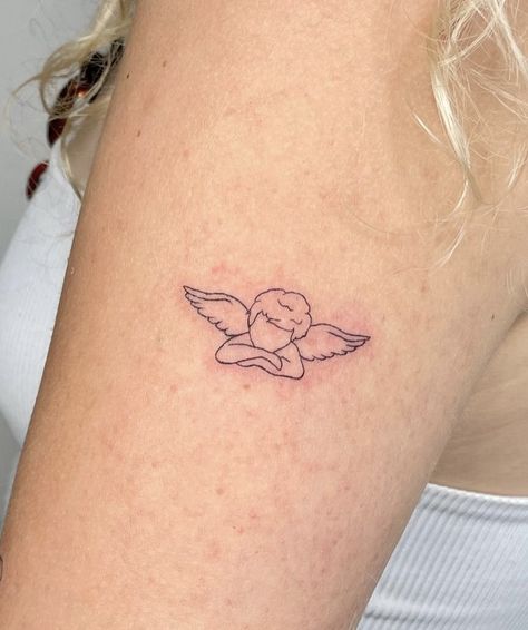 Cherub Tattoo Meaning, Angel Tattoo Small Simple, Matching Cherub Tattoo, Tiny Cherub Tattoo, Cloud Angel Tattoo, Fine Line Cherub Tattoo, Angel Line Tattoo, Cherub Angel Tattoo Simple, Simple Cherub Tattoo