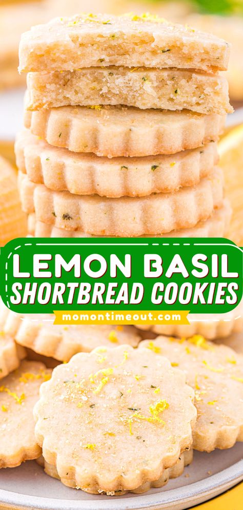 These Lemon Basil Shortbread Cookies will melt in your mouth and are the perfect blend of bright lemon and fragrant basil. These easy to make, buttery cookies are perfect for tea time, holidays or a special afternoon treat! Top with a sprinkle of sugar for a sparkling finish that no one will be able to resist! Basil Cookies, Flooded Cookies, Rolled Cookies, Lemon Treats, Lemon Shortbread, Shortbread Cookies Easy, Lemon Shortbread Cookies, Butter Sugar Cookies, Mom On Timeout