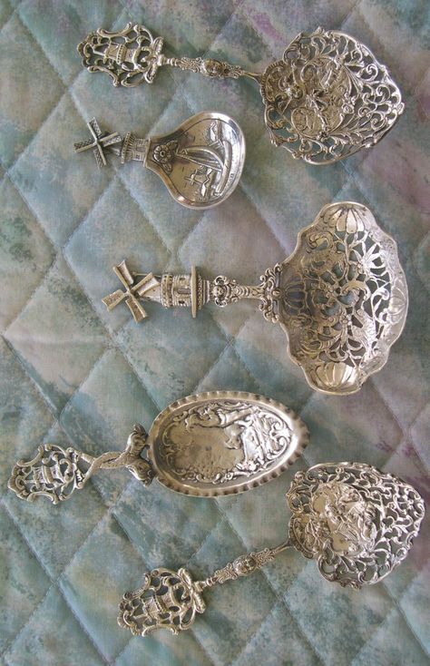 ornate silver bonbon spoons Silverplate Flatware, Silver Cutlery, Antique Silverware, Vintage Cutlery, Sterling Silver Flatware, Vintage Silverware, Silver Flatware, Silver Spoons, Silver Work