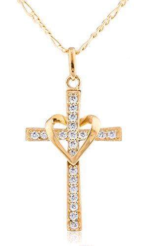 Real 10k Yellow Gold Heart  Cross Pendant with an 18 Inch Gold Overlay Figaro Necklace * You can get more details by clicking on the image. Heart And Cross, Real Gold Chains, Figaro Necklace, Cuff Bracelets Handmade, Peinados Recogidos, Gold Cross Pendant, Wear Necklaces, Gold Overlay, Christian Jewelry