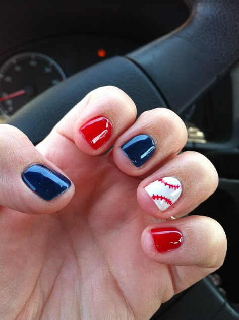 Red And Blue Baseball Nails, Red White And Blue Baseball Nails, Baseball Pedicure, Phillies Nails, Baseball Nail Designs, Baseball Nails, Dodgers Game, Sports Nails, Twins Game