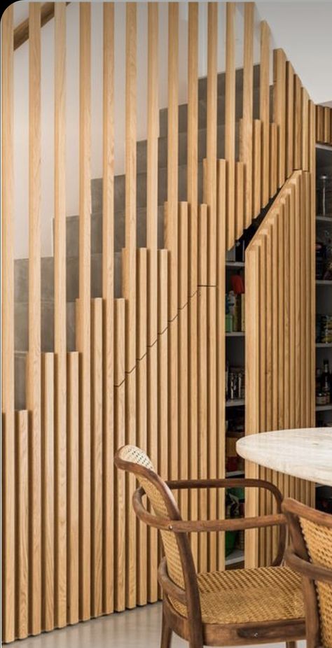 Slatted Stair Wall, Stairwell Before And After, Slat Stair Wall, Stairs Wooden Railing, Slatted Staircase, Slat Staircase, Entryway Divider, Staircase In Living Room, Wooden Staircase Design