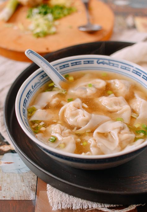 Chicken Wonton Soup, Chicken Wontons, Wok Of Life, Woks Of Life, The Woks Of Life, Wonton Recipes, Homemade Chicken Stock, How To Cook Mushrooms, Wonton Wrappers