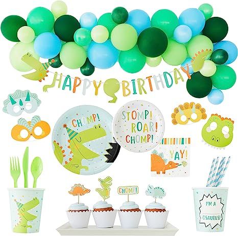 Includes 16 ( 9in and 7in dinosaur paper plates, 9oz customizable disposable dinosaur paper cups, 6.5in folded dinosaur napkins, forks, knives, spoons, straws, dinosaur cupcake toppers, Dinosaur face mask kids) 1 dinosaur banner and a 41 pc Balloon Garland Kit. #ad #thee-rex #dinoparty #kidsbirthday #dinosaur #birthdayideas #boybirthday #stomp #chomp #roar Cute Dinosaur Party, Dino Party Decorations, Dinosaur Birthday Decorations, Dinosaur Cupcake Toppers, Dinosaur Party Decorations, Dinosaur Party Supplies, Dinosaur Birthday Party Decorations, Dinosaur Balloons, Boy Birthday Decorations