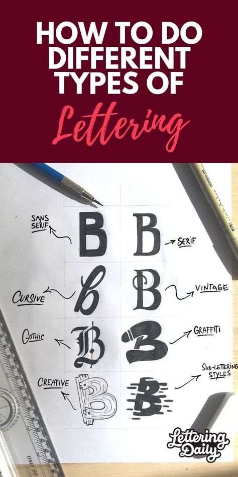 In this tutorial we are talking about the different types of lettering and how you can create them. This is a step-by-step hand lettering tutorial that will help you learn new styles, expand your creativity and help you step out of your comfort zone. Our main focus is to help hand lettering and calligraphy beginners to learn and improve their skills. #lettering #handlettering #handletteringforbeginners #typography #letteringart #calligraphy Different Types Of Letters Fonts, Different Types Of Writing Styles Fonts, Hand Lettering Basics, Calligraphy Connecting Letters, How To Draw Fonts Step By Step, Learning How To Write In Different Fonts, Fake Calligraphy Alphabet Letters, Different Letters Styles, How To Learn Hand Lettering