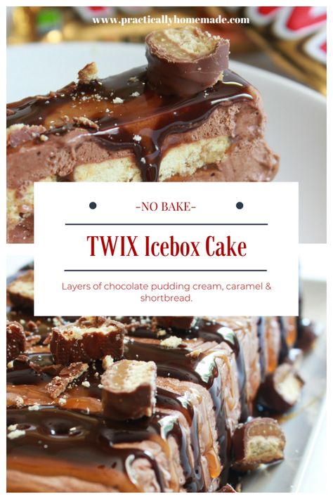 All of the flavors and textures of a Twix bar in a cool and refreshing icebox cake. twix icebox cake | icebox cake | icebox cake recipes | icebox cake recipes no bake | no bake desserts | no bake icebox cake #twixdesserts #iceboxcake Twix Ice Cream Cake, Cake Recipes No Bake, No Bake Icebox Cake, Peanut Butter Twix, Desserts No Bake, Practically Homemade, Icebox Cakes, Ice Box Cake, Caramel Shortbread