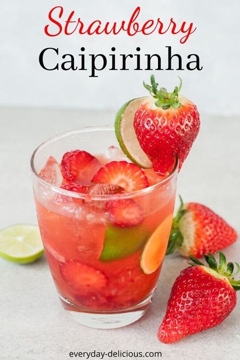 A delicious twist on classic caipirinha! Caprihania Drink Recipe, Alcholic Drink Fruity, How To Make Caipirinha, Brazilian Caipirinha, Caipirinha Recipe Brazil, Strawberry Caipirinha, Caipirinha Drink, Cachaca Cocktails, Brazilian Drink