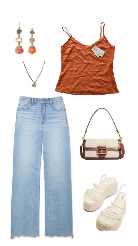 Wide leg jeans, burnt orange tank, summer fit Burnt Orange Outfit, Fancy Fits, Tank Outfit, Orange Outfit, Outfit Layout, Church Outfits, Lovely Clothes, Closet Fashion, Burnt Orange