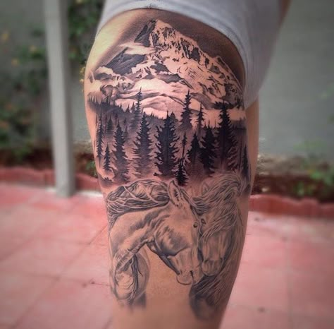 Tattoo Ideas Female Sleeve Country, Western Quarter Sleeve Tattoo, Horse And Mountain Tattoo, Horse Tattoo Sleeve For Women, Horse Half Sleeve Tattoo, Horse Sleeve Tattoos For Women, Horse Tattoo Ideas For Women Leg, Paint Horse Tattoo, Horse With Mountains Tattoo