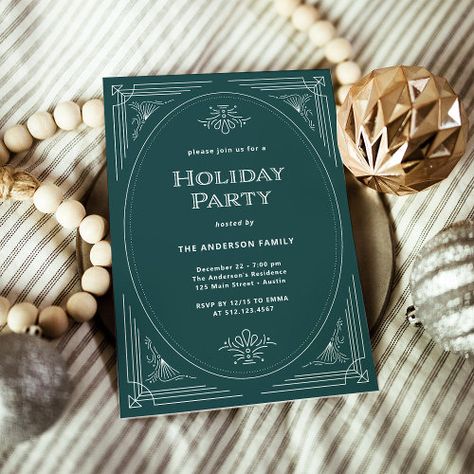 $2.93 | Modern Deco | Elegant Green Holiday Party - christmas holiday party, elegant, art deco, twenties 1920s, glamorous, vintage, classic and traditional, unique, cocktail party, green and white Art Deco Christmas Design, Green Christmas Party, Christmas Card Invitation, Formal Christmas Party, Hosting Holiday Party, Christmas Party Host, Christmas Graphic Design, Holiday Party Invitation, Glam Christmas