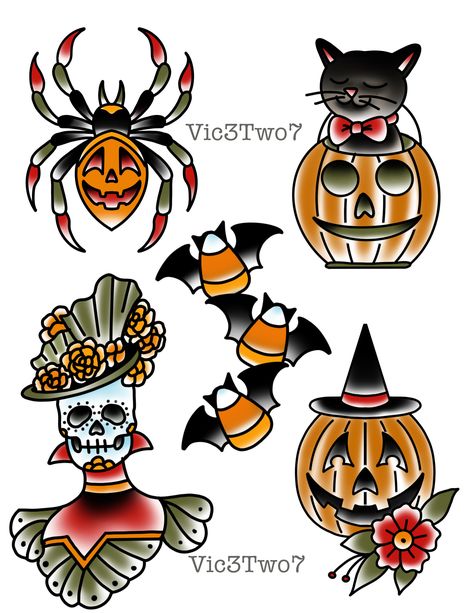 Halloween Friends Tattoo, Vintage Friday The 13th Art, Traditional Friday The 13th Tattoo Flash, Vintage Halloween Tattoo Flash, Traditional Halloween Tattoo Flash, Halloween Tattoo Designs, Spooky Flash Tattoo, Halloween Flash, Traditional Tattoo Halloween