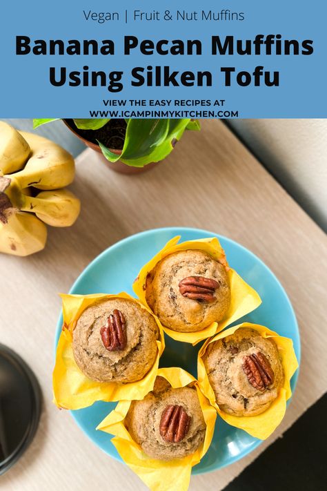 Banana Pecan Muffins | Vegan |Using Silken Tofu - I camp in my kitchen Whole Wheat Banana Muffins, Wheat Banana Muffins, Eggless Banana Muffins, Banana Pecan Muffins, Breakfast Egg Casserole Recipes, Vegan Banana Muffins, Whole Wheat Muffins, Pecan Muffins, Nut Muffins