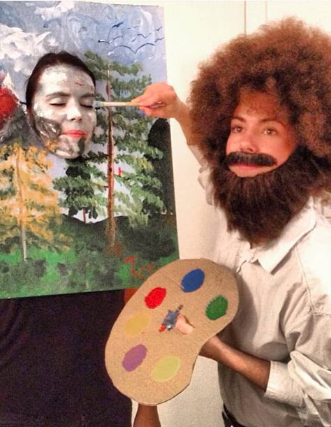 Costume Halloween Duo, Bob Ross Costume, Funny Group Costumes, Funny Group Halloween Costumes, Funny Couple Costumes, Black Halloween Costumes, Funny Couple Halloween Costumes, Diy Couples Costumes, Costumes Funny