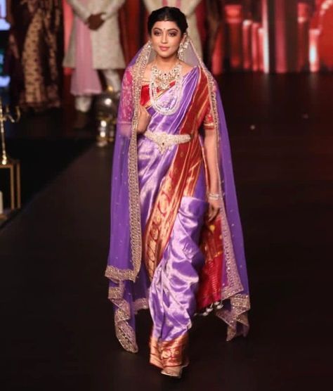 Lavender And Red Pattu Saree, Purple Pattu Saree, Fashion Activation, Golden Dupatta, Reception Sarees, Simple Lehenga, Nauvari Saree, Bridal Dupatta, Purple Saree