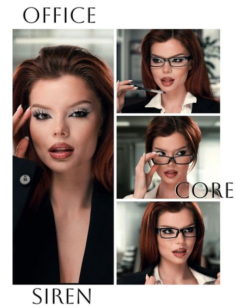 Office Siren Hair, Office Siren Core, Office Siren Glasses, Office Siren Makeup, Siren Core, Office Makeup, Corporate Goth, Retro Makeup, University Style