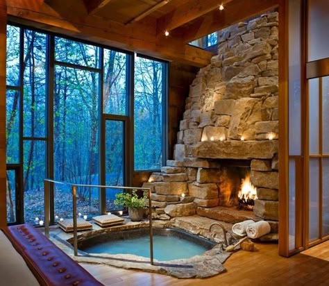 21 Wonderful Windows | with custom window treatments | Bay Window Jacuzzi Room, Indoor Jacuzzi, Indoor Hot Tub, Homemaking Tips, Rustic Bathroom Designs, Ideas For Living Room, Indoor Fireplace, Dream Bathrooms, Fireplace Design