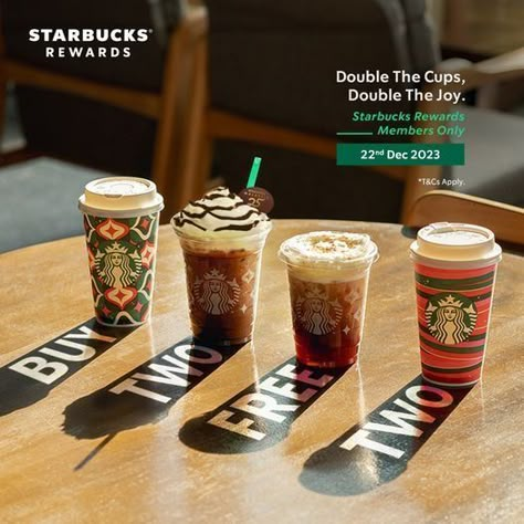 Starbucks Malaysia Buy 2 FREE 2 Promotion Buy 2 handcrafted beverages FREE 2 handcrafted beverages on 22 December 2023 Free Coffee Poster, Starbucks Creative Ads, Buy 1 Get 1 Free Design Poster, Starbucks Promotion, Coffee Campaign, Delivery Poster, Starbucks Malaysia, Banner Product, Coffee Poster Design