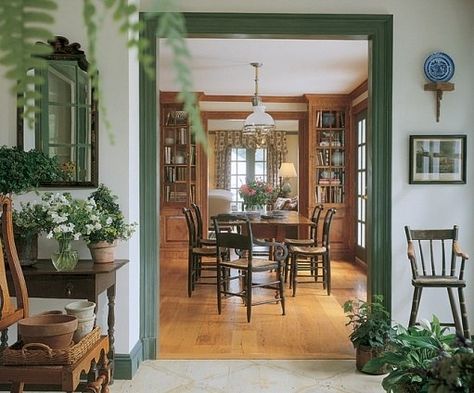 Jacobean Interior Design, Green Trim Kitchen, Green Cottage Interior Design, Green Contrast Trim Interior, Small Old Home Interior Design, Olive Green Trim Interior, Old Fashioned Interior Design, Oliver James Interiors, Dark Green Trim Interior