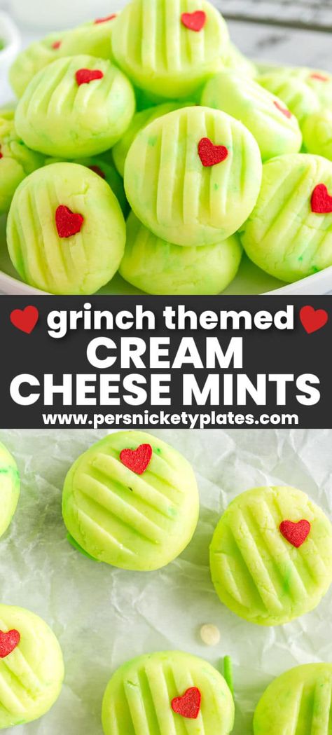 Peppermint Sugar Cookies With Cream Cheese Frosting, Grinch Marshmallow Pops, Grinch Christmas Candy, Easy Grinch Cookies Decorated, Cream Cheese Mints Christmas, Peppermint Cream Cheese Cookies, Peppermint Cream Cheese Mints, Grinch Mint Cookies, Green Grinch Cookies