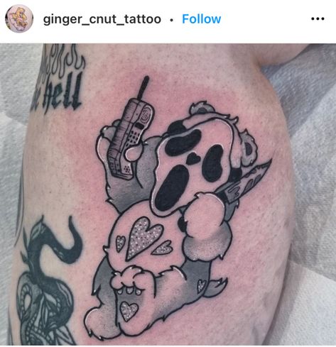 Scare Bear Tattoo, Evil Care Bear Tattoo, Goth Care Bear Tattoo, Creepy Color Tattoos, Creepy And Cute Tattoo, Spooky Patchwork Sleeve, Kawaii Back Tattoo, Spooky Aesthetic Tattoo, Halloween Tattoos Cute