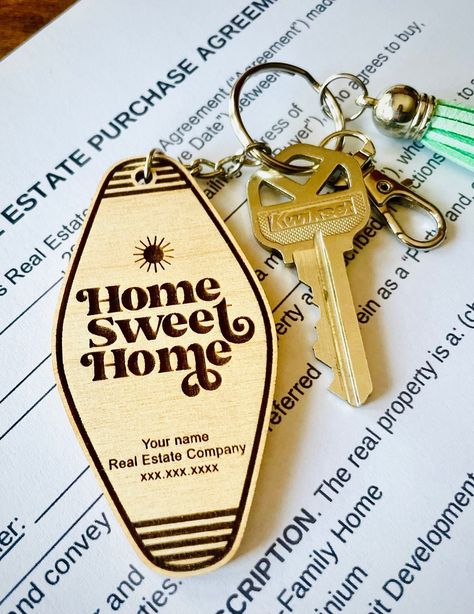 Our Home Sweet Home keychains are the perfect addition for realtors to add to clients closing gift - celebrating your new buyers and valued sellers! Each keychain is laser engraved 1/8th in baltic birch measuring 3.0 inches in length and 1.5 inches wide and adorned with silvertone key ring, lobster claw clasp, and leatherette tassel in choice of white. mint, pink, burnt orange, royal blue, purple, buckskin, or sage green.  Personalized with realtor name, agency, and phone number. TAKE ADVANTAGE Realtor Goodie Bags Gift Ideas, New Home Keychain, Real Estate Closing Gifts For Buyers, Realtor Organization, Closing Gifts For Buyers, Realtor Swag, Client Gift Ideas, Realtor Marketing Gifts, Gifts For Realtors